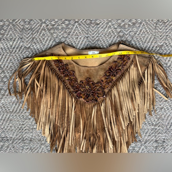 Vintage Brown Tan Suede Fringe Shawl Western Collar Floral Beading Festival - Picture 4 of 7